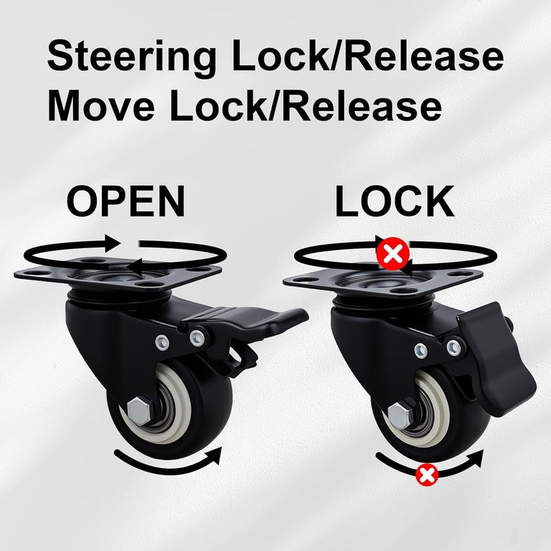 Htudcoue 2 Inch Wheel Casters,Set of 4 Heavy Duty Casters,with Brake,No Noise Locking Polyurethane (PU) Wheels, for Furniture and Workbench Load 800lbs - Image 4